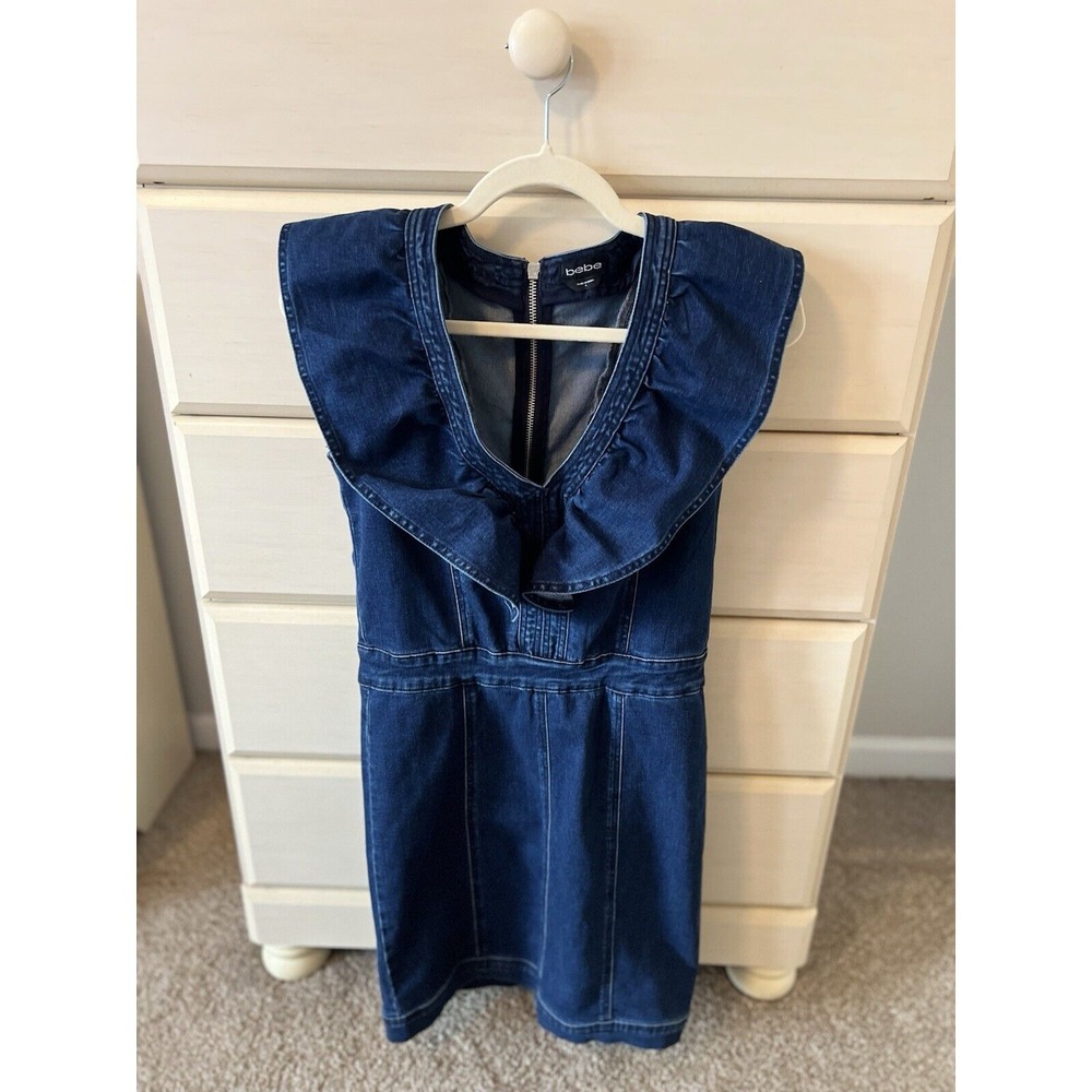 Stunning Bebe Ruffled Denim Country Cottage French Chic Dress Women's Size 6
